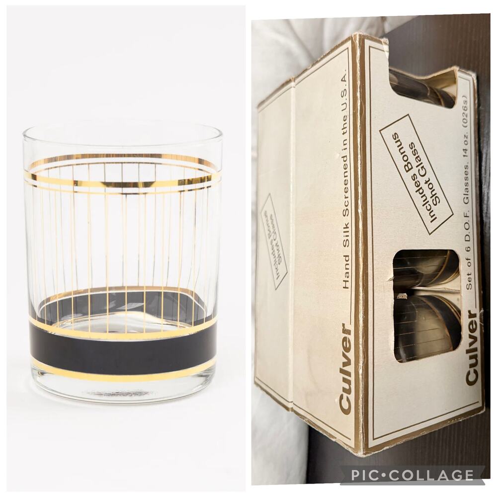 NIB MCM Vtg Deadstock Culver 22kt gold Devon Black & Gold Glasses set of 6